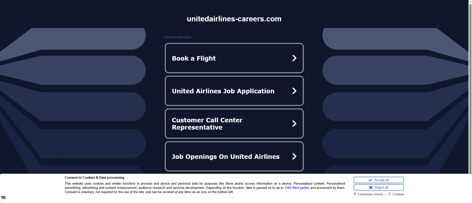 Forensic screenshot of unitedairlines-careers.com showing the phishing page layout