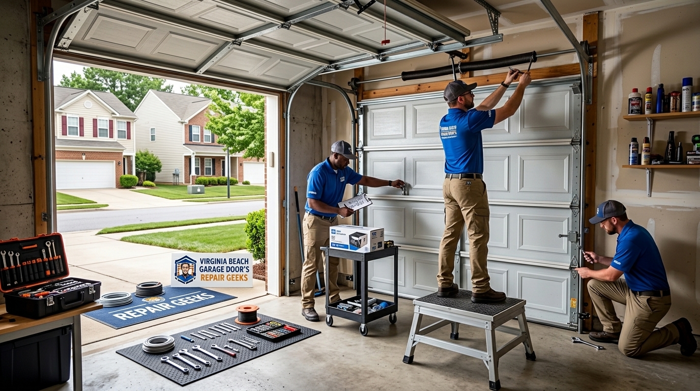Garage door repair technician working on a torsion spring in Virginia Beach
