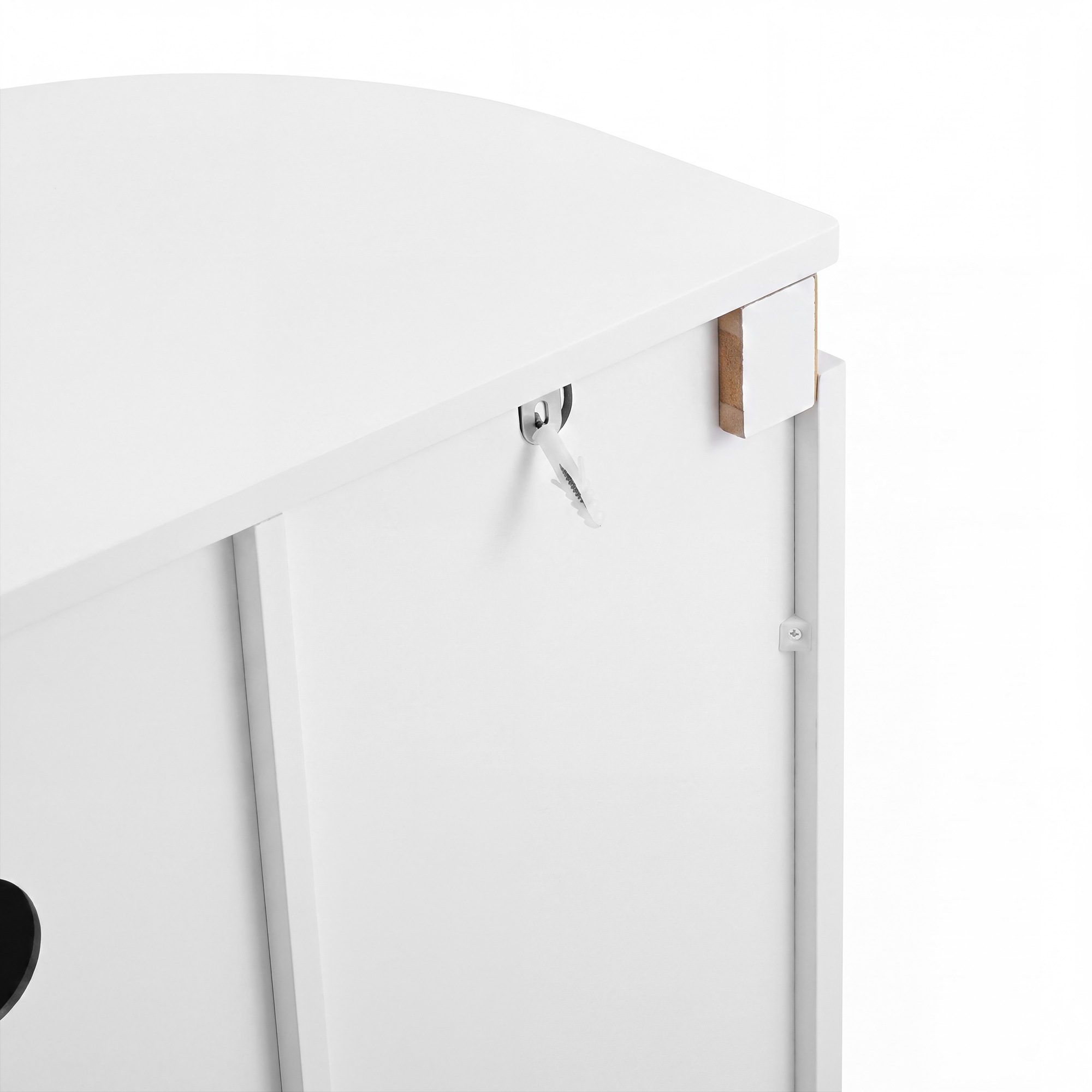Buffet Blanc, 4 Portes, Rangement, Gestion des Câbles, Design Moderne, Angles Arrondis, Façade Texturée - Panneau composite de fibres de bois à densité et Métal - 140x38x80cm 3