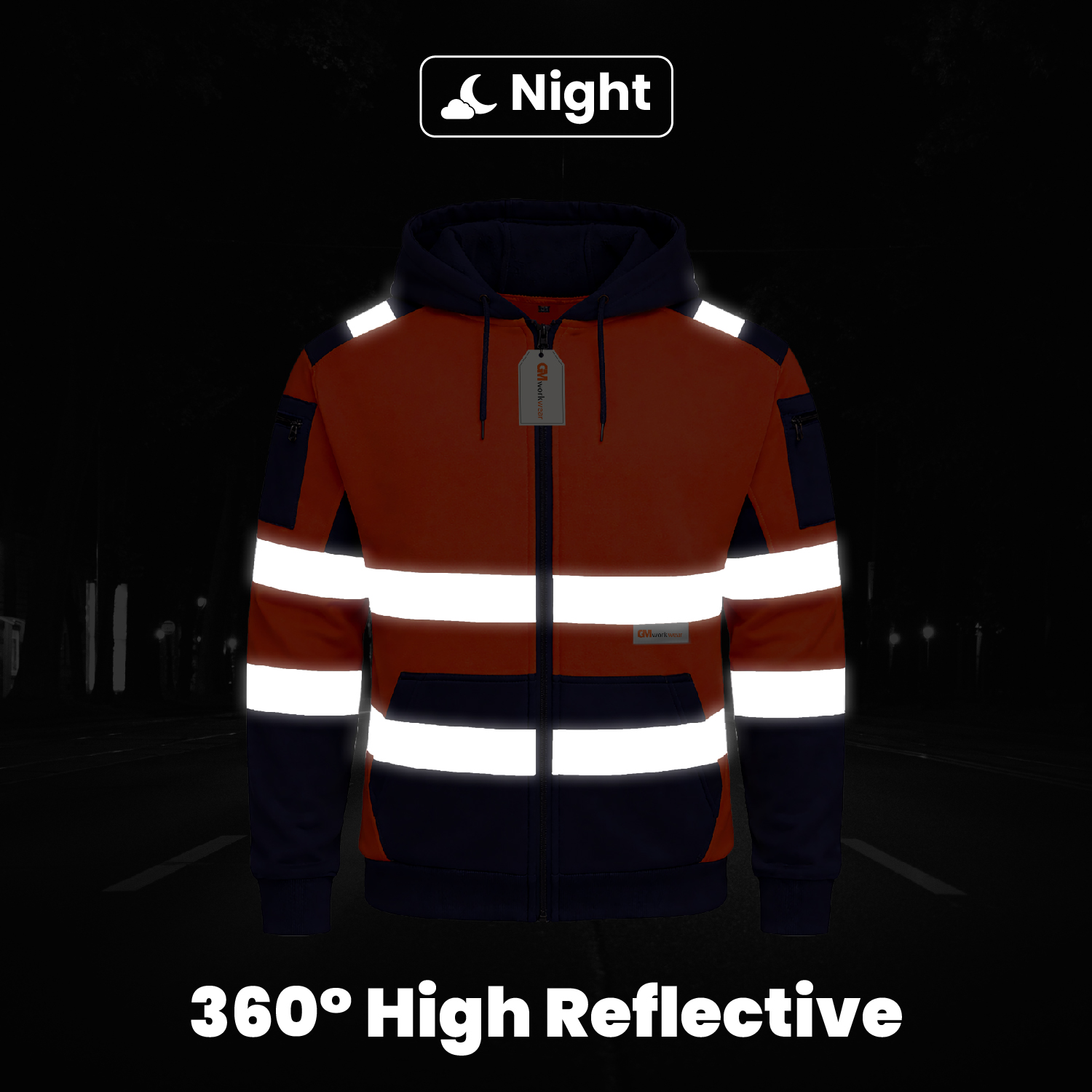GM Hi Vis Hoodie 360 Degree Reflective Tape Night Visibility Low Light