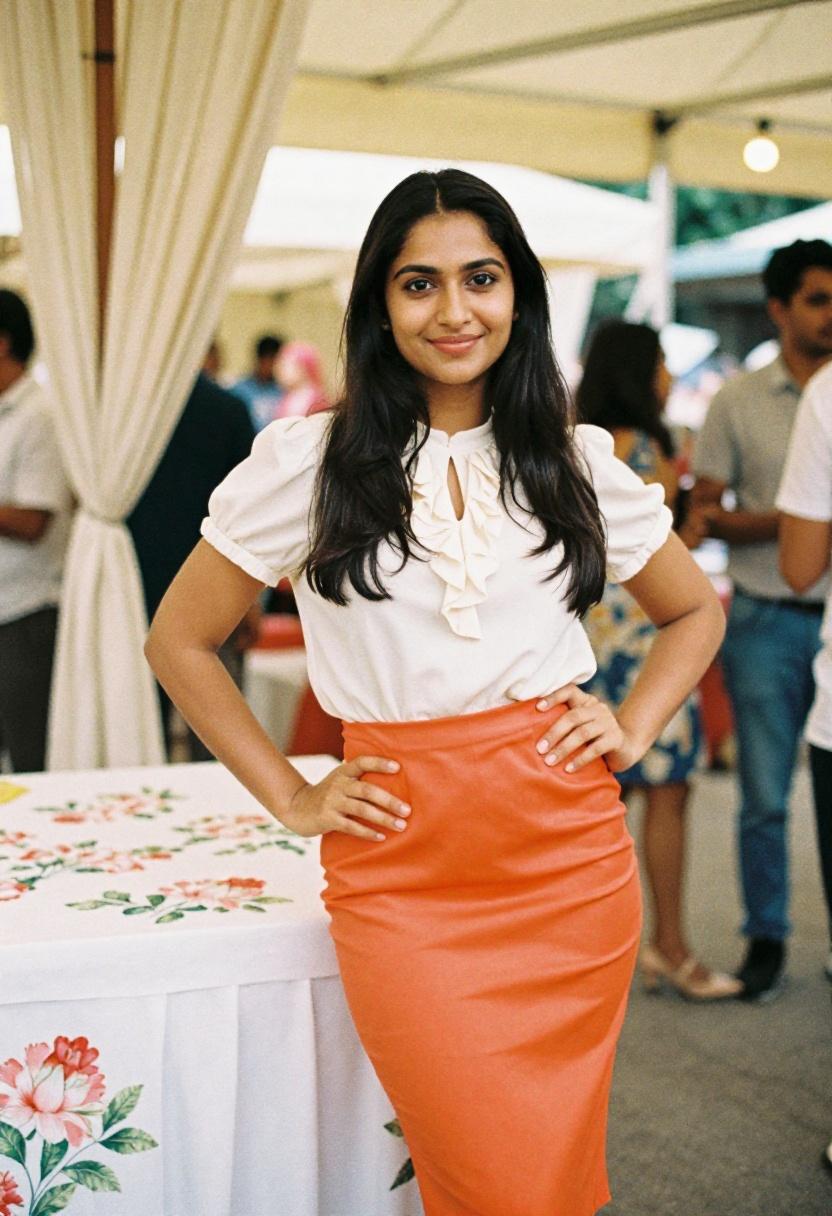 Tangerine midi skirt with ruffled blouse for playful and polished speed dating look