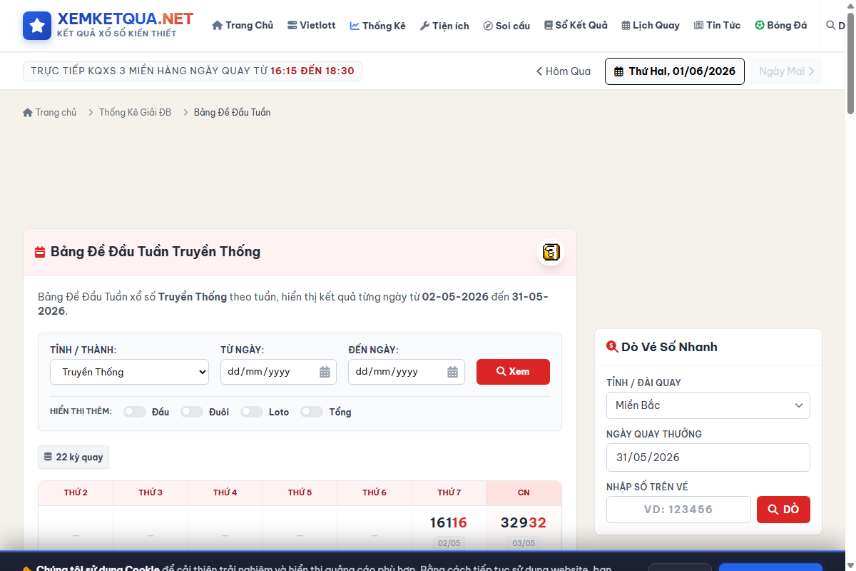 Hướng dẫn cách xem và sử dụng Bảng đề đầu tuần trên Xemketqua.net