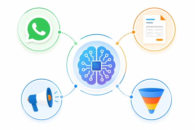 Infographic showing four categories of AI automation: customer communication, back-office work, marketing, and sales follow-up