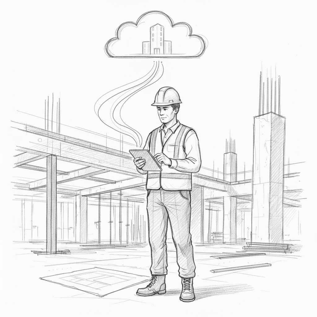 Construction worker using a tablet on a job site with cloud connectivity, illustrating modern IT solutions for SMBs.