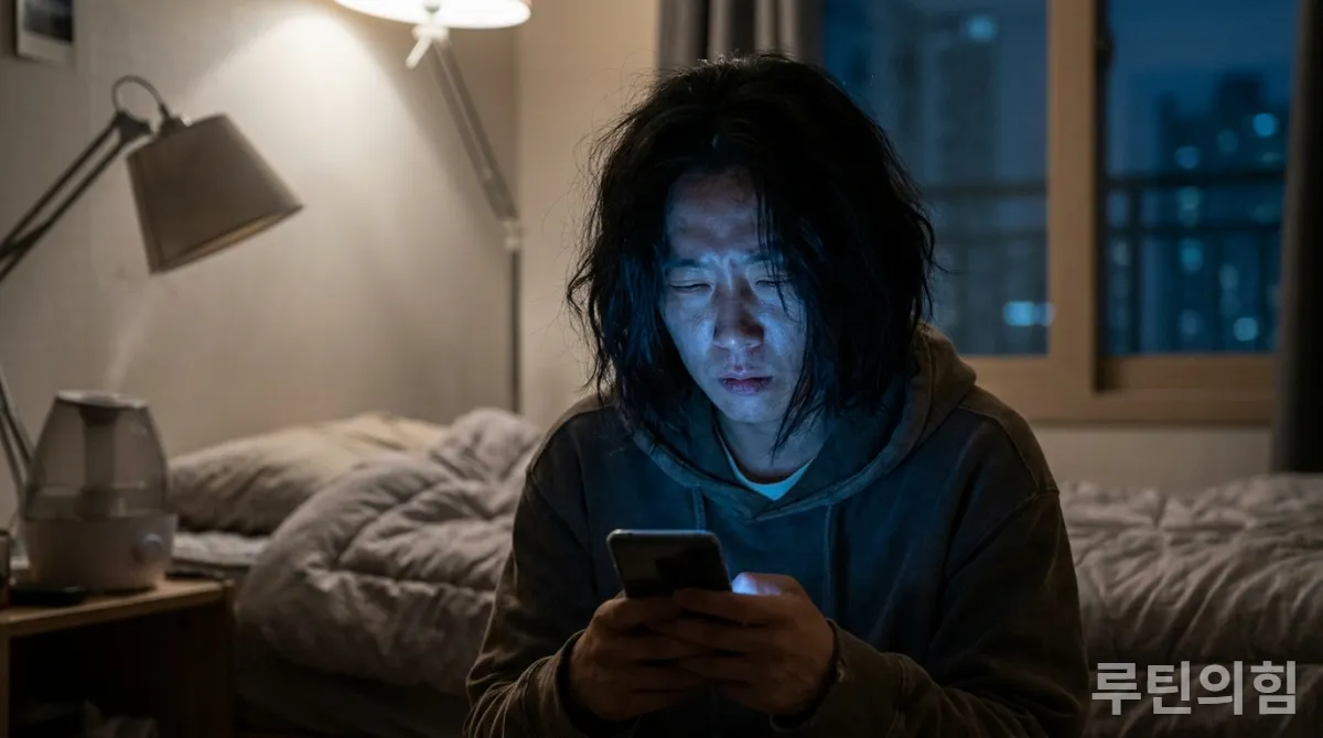 30대 한국인이 어두운 방에서 스마트폰 화면의 블루라이트가 얼굴을 비추는 채로 스마트폰을 들여다보며 피곤해하는 모습, 침실 배경