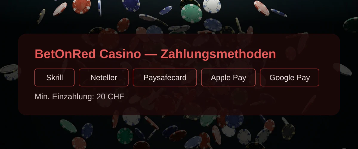 BetOnRed Casino — Zahlungsmethoden: Skrill, Neteller, Paysafecard, Apple Pay, Google Pay