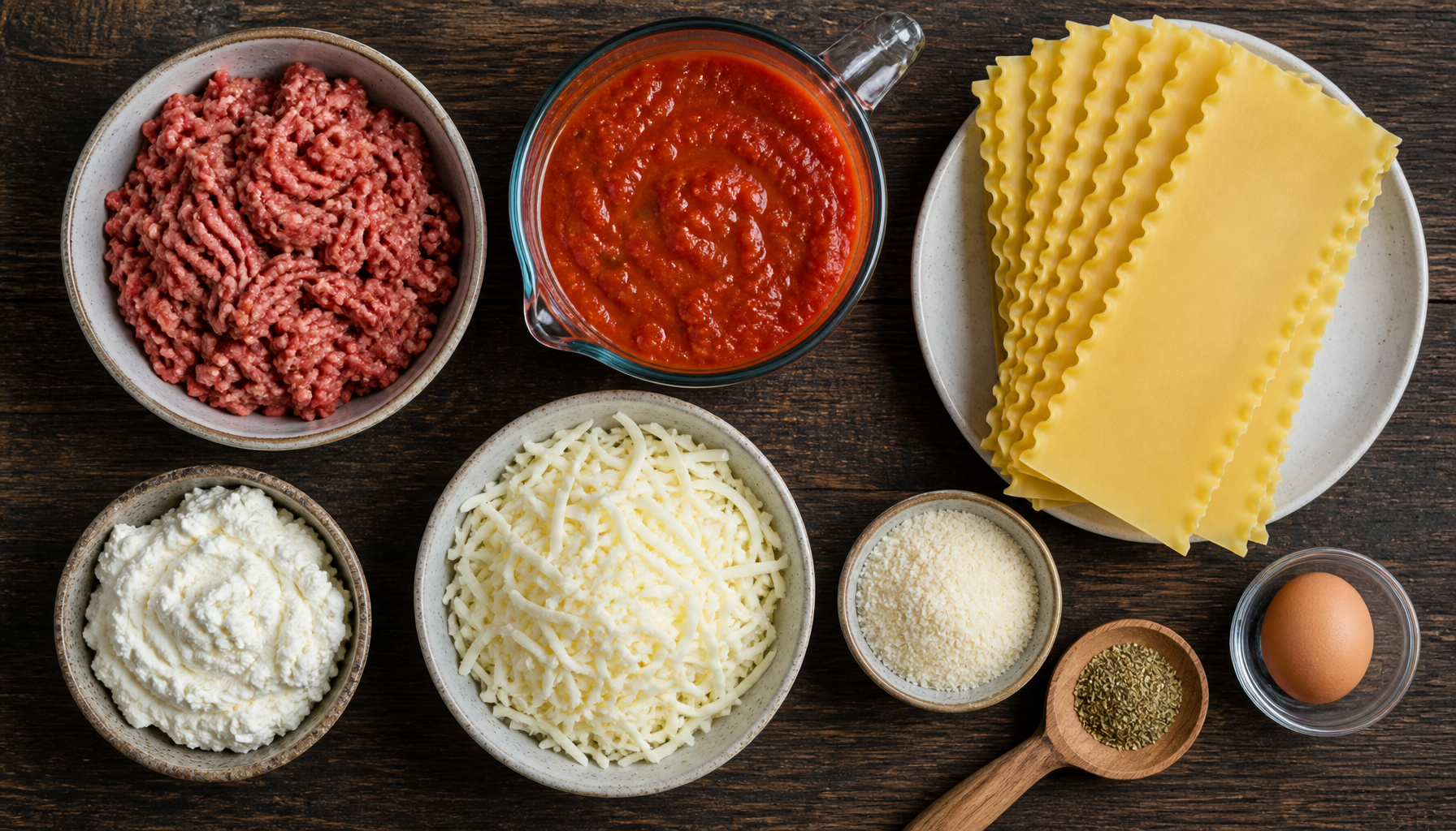 Flat lay display of fresh raw ingredients in small bowls organized on a kitchen counter for a 30 MINUTE EASY LASAGNA RECIPE.