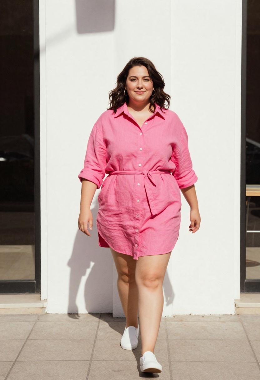 Fuchsia belted linen shirt dress for breezy plus-size spring weekend look