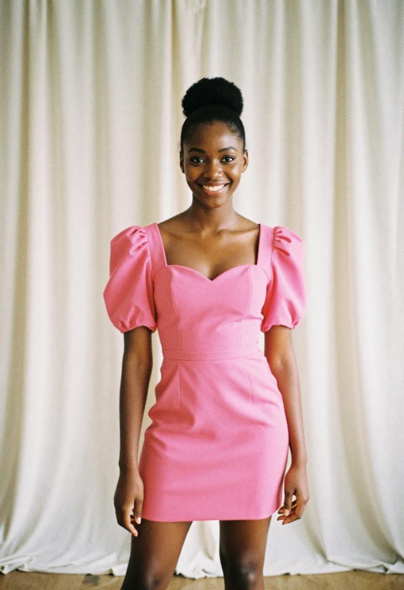 Fuchsia structured mini dress with puffed sleeves for Oscars watch party