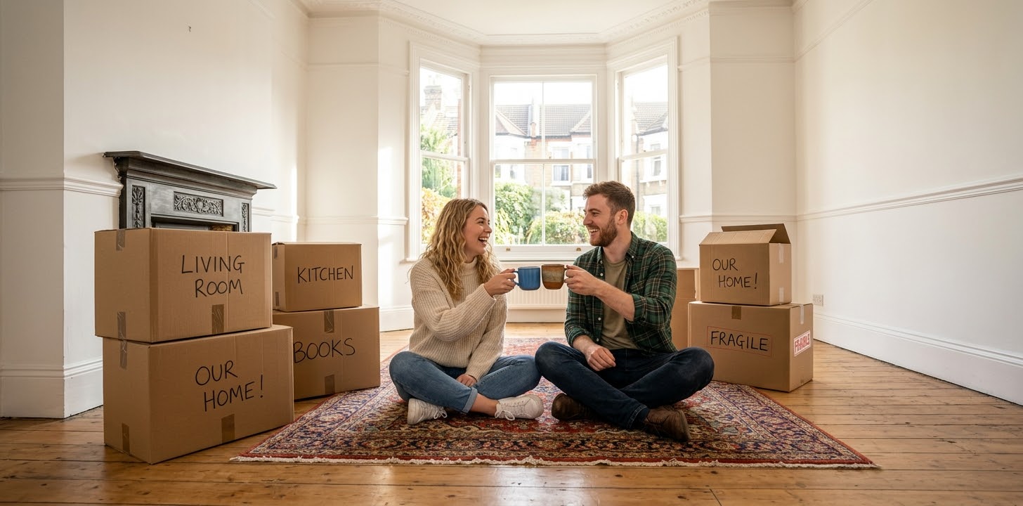A smiling couple holding keys in front of their new home