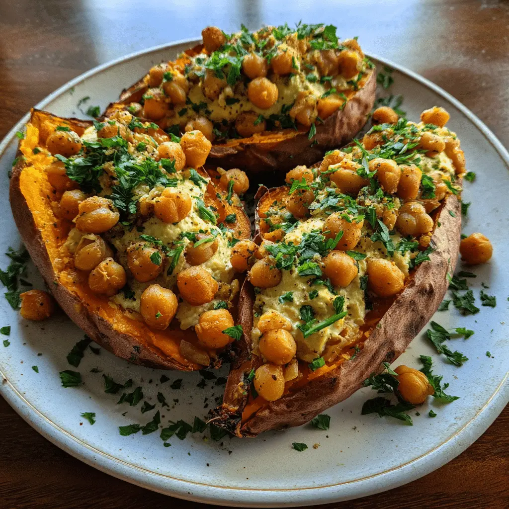 Baked sweet potatoes stuffed with chickpeas, drizzled with tahini sauce, and garnished with fresh parsley on a serving plate.