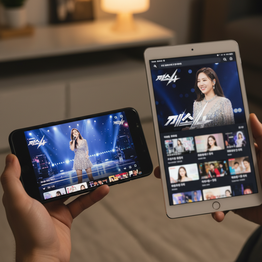 스마트폰과 태블릿으로 OTT 앱을 통해 미스트롯4를 시청하는 모습