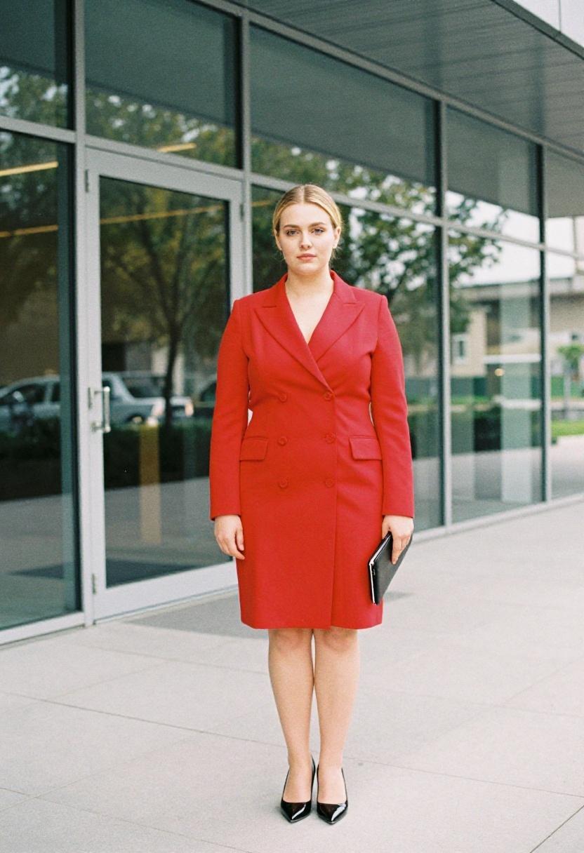 Cherry red double-breasted plus size blazer dress against modern office exterior in natural daylight