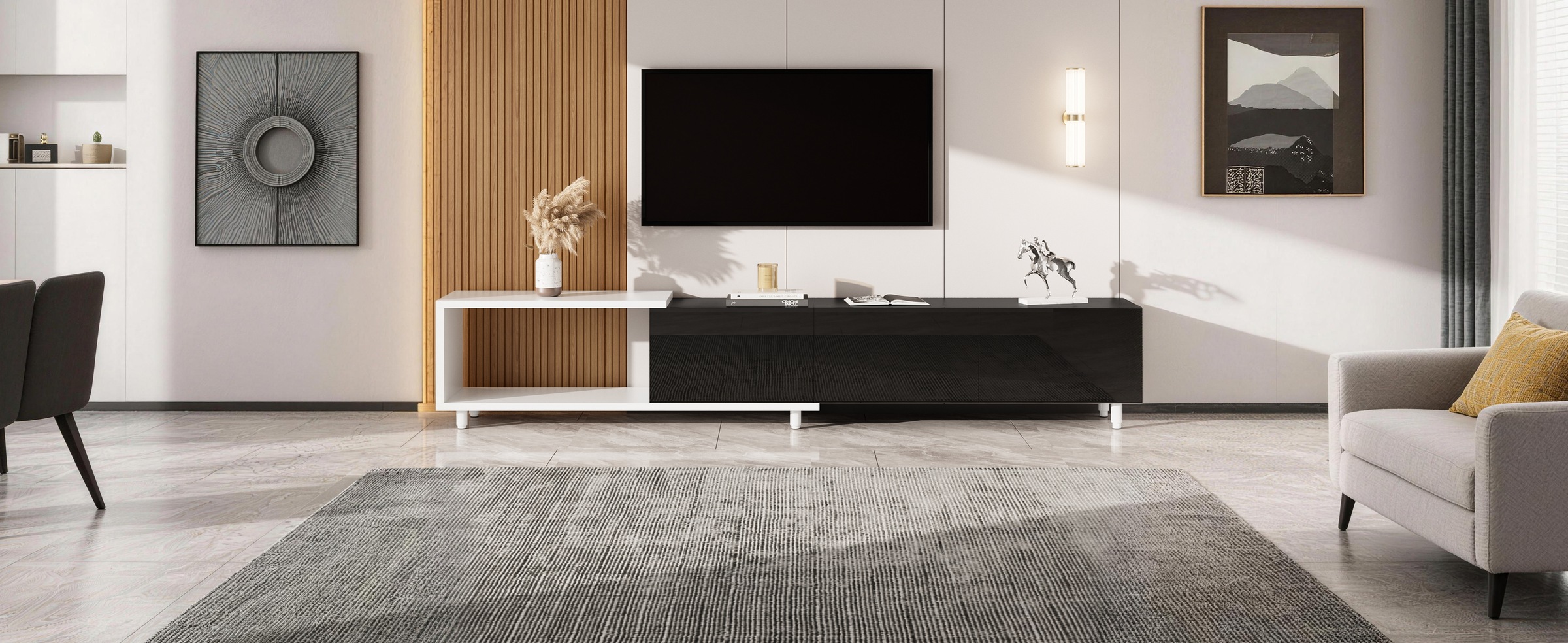 Meuble TV Noir, Rangement, Fermeture Douce, Extensible, Design Moderne, Structure Robuste - 258x38x48.5cm - Salon 1