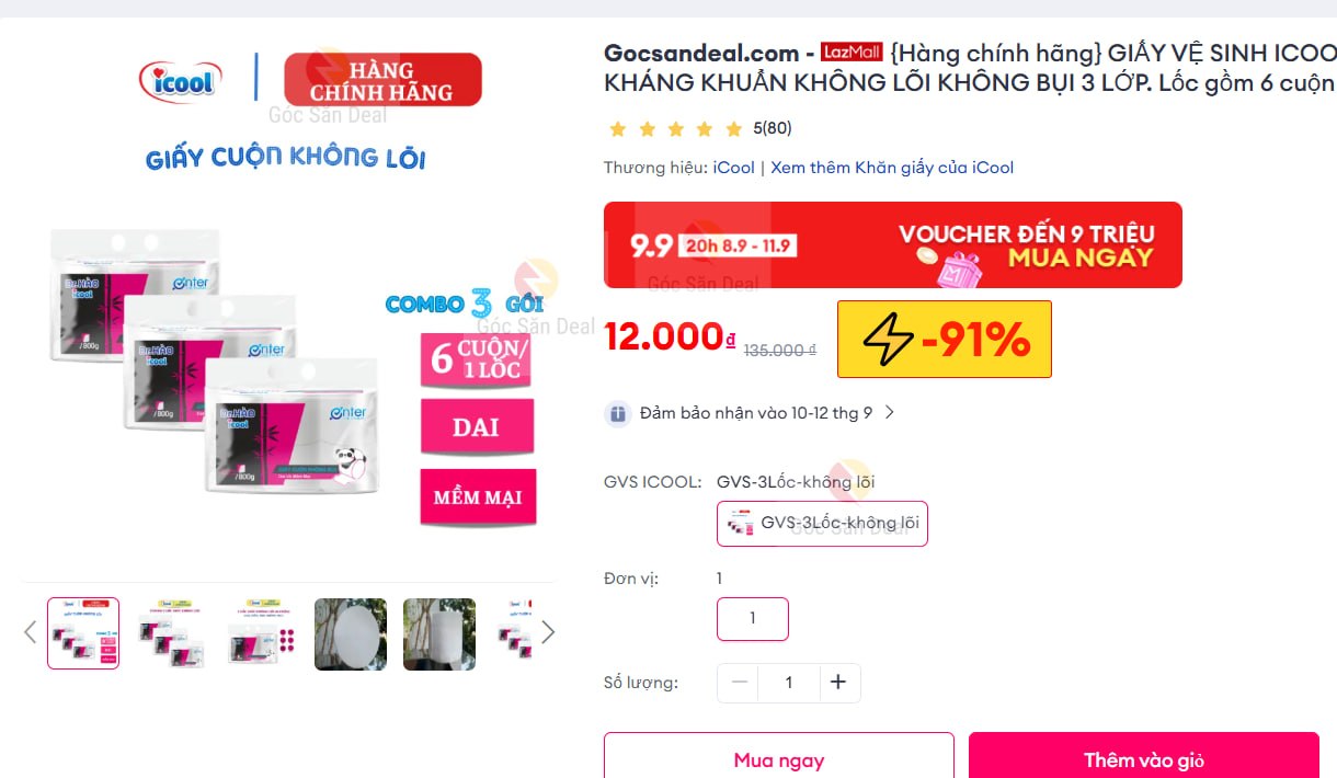 {Hàng chính hãng} GIẤY VỆ SINH ICOOL KHÁNG KHUẨN KHÔNG LÕI KHÔNG BỤI 3 LỚP. Lốc gồm 6 cuộn