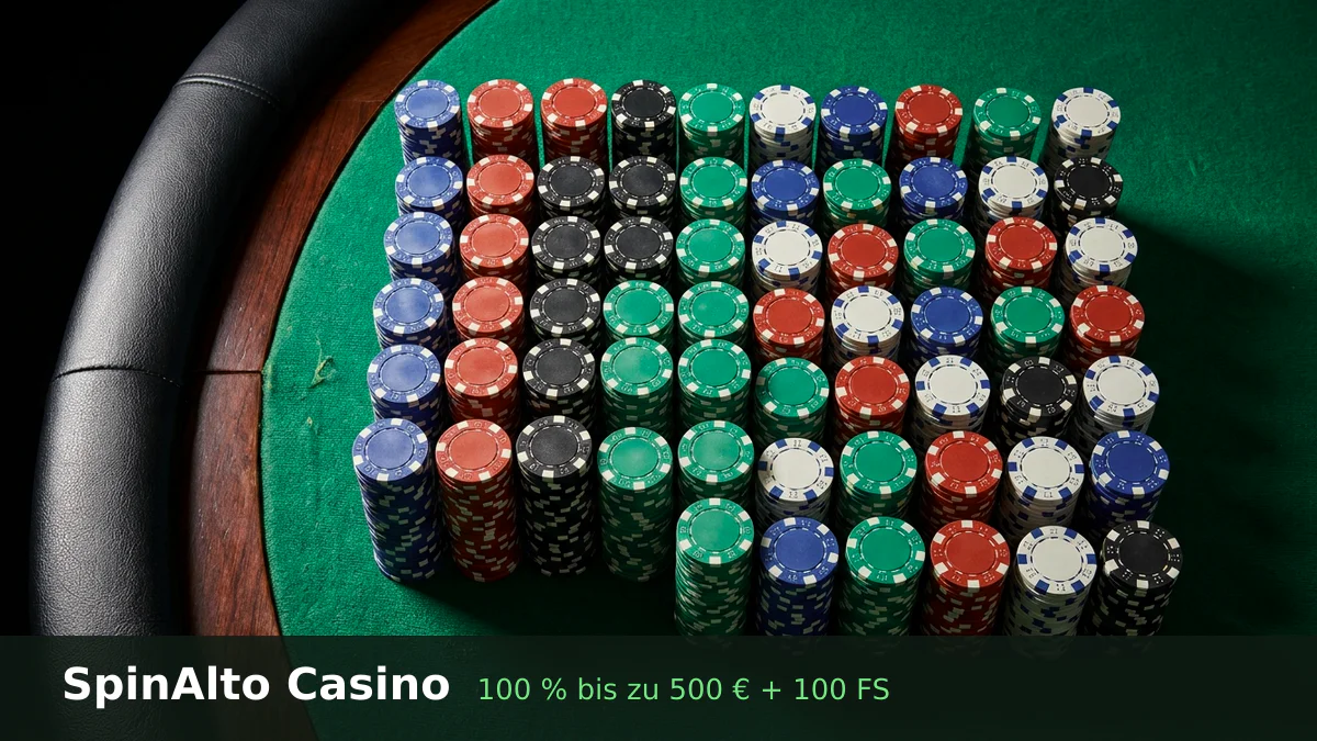 SpinAlto Casino — Willkommensbonus 100 % bis zu 500 € + 100 FS, Zahlungen: Visa, Mastercard, Sofort, Apple Pay, Google Pay SpinAlto Casino — Willkommensbonus 100 % bis zu 500 € + 100 FS, Zahlungen: Visa, Mastercard, Sofort, Apple Pay, Google Pay