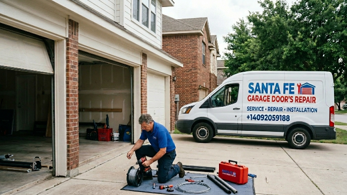 Garage door repair technician at work in Santa Fe TX
