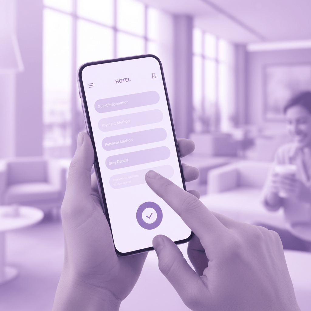 Hotel guest using a mobile booking flow on smartphone in a bright modern setting