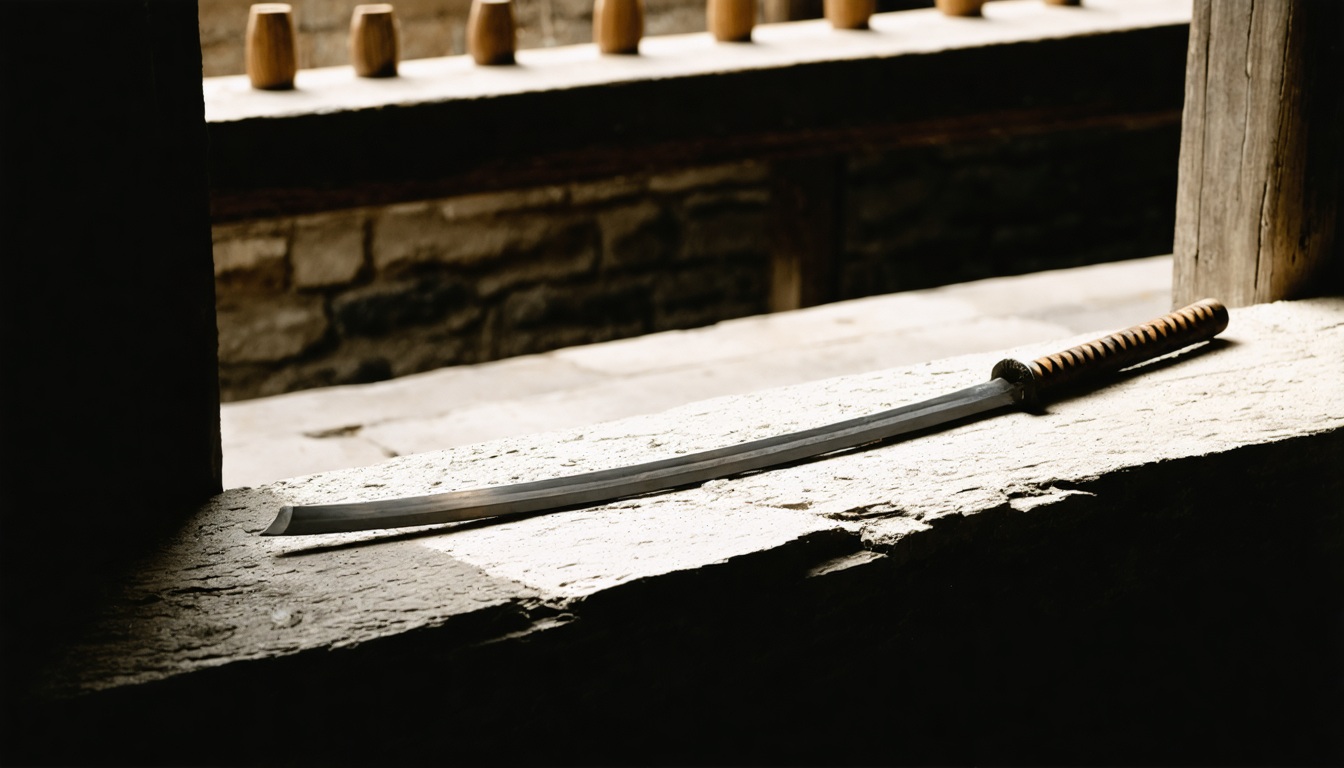 A practice sword nobody is holding — the tool that only means something when a specific body picks it up.