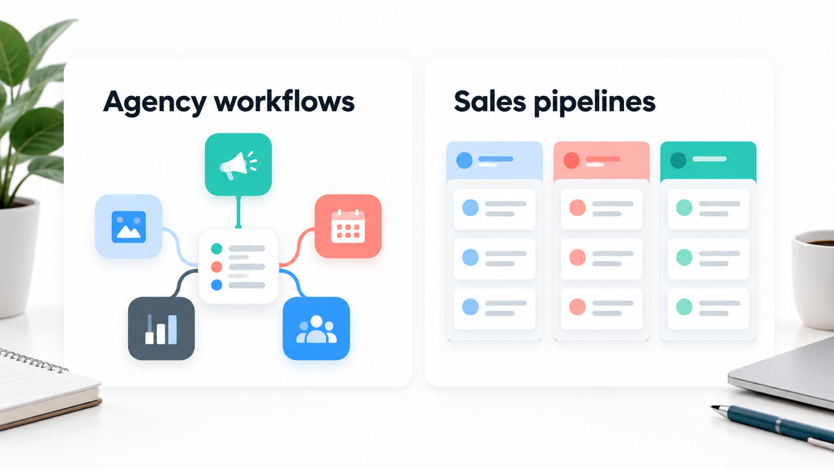 Agency workflow diagram beside a sales pipeline to illustrate different educator audiences