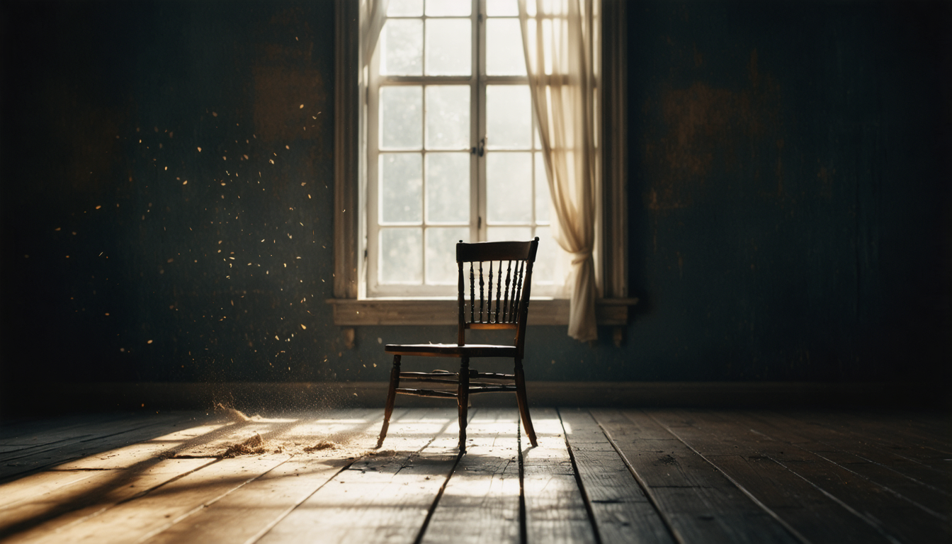 An empty wooden chair in a spare room lit by slanting afternoon light, dust hanging in the air, waiting as if for someone who will only be half-present.