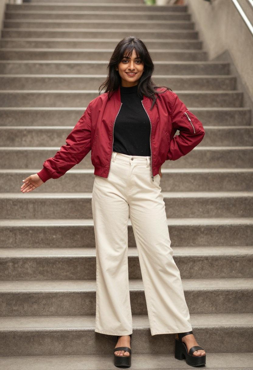 Cherry red cropped bomber jacket with wide-leg trousers on an urban staircase