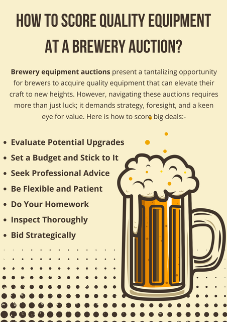 To score quality equipment at a brewery auction, arrive early to inspect items thoroughly. Research market prices beforehand to set a budget. Focus on essential equipment like fermenters and kegs. Look for well-maintained machinery with minimal wear and tear. Bid strategically, staying within budget. Consider hidden costs like transportation. Networking with industry insiders might offer insights. To know more visit here https://www.auctionmasters.com/industries/used-brewery-equipment-auctions