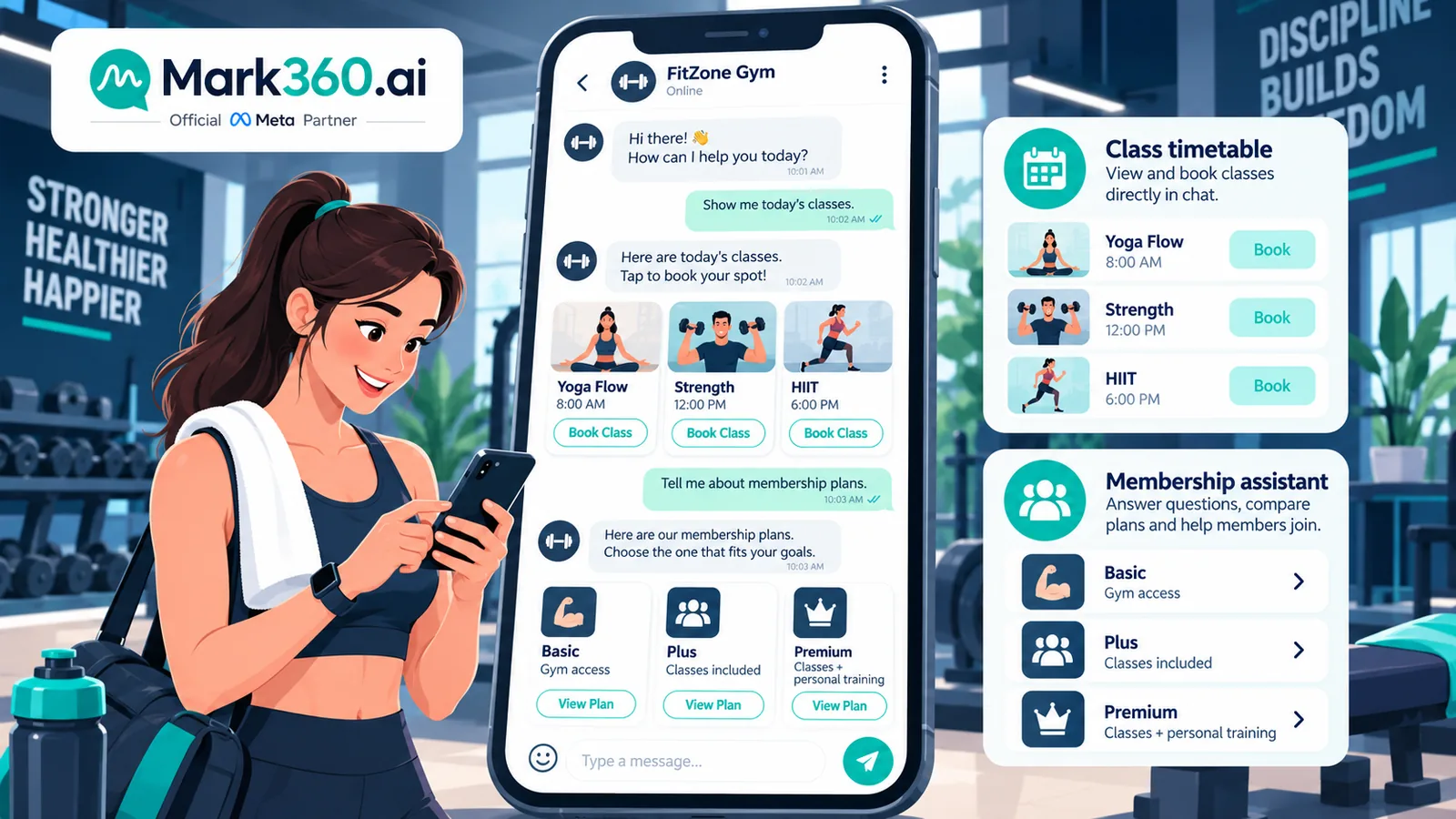 Gym WhatsApp AI agent showing class timetable and book button