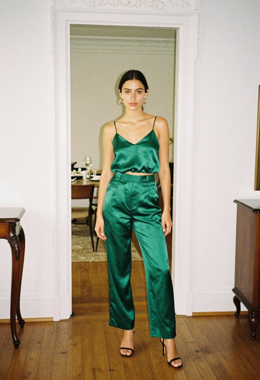Emerald satin wide-leg trouser set for cooking class date night