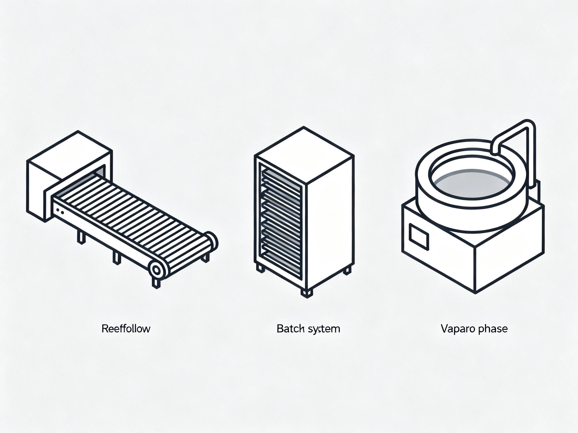 Types of reflow machines: conveyor, batch, vapor phase.