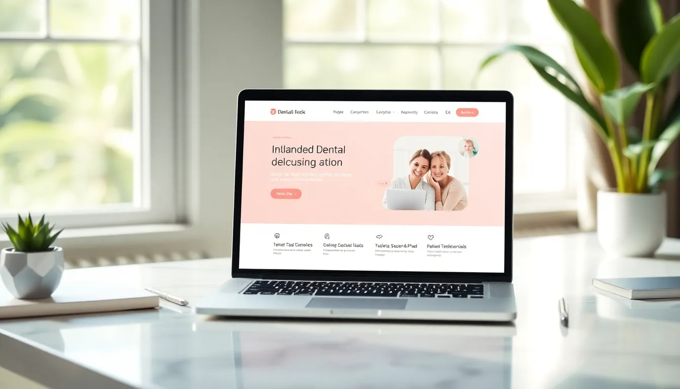 Laptop screen showing an intuitive dental clinic website layout, highlighting online booking and testimonials.
