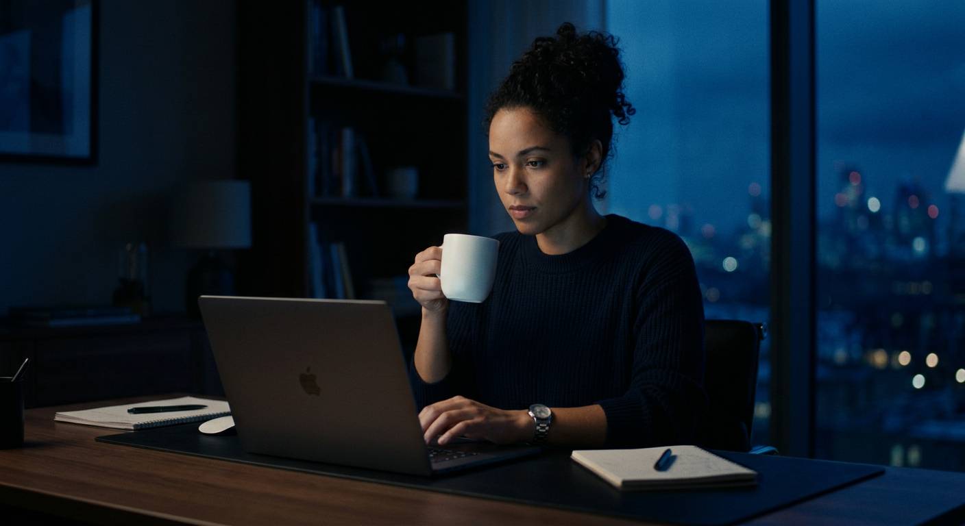 Eine fokussierte person die mit kaffee am laptop arbeitet.