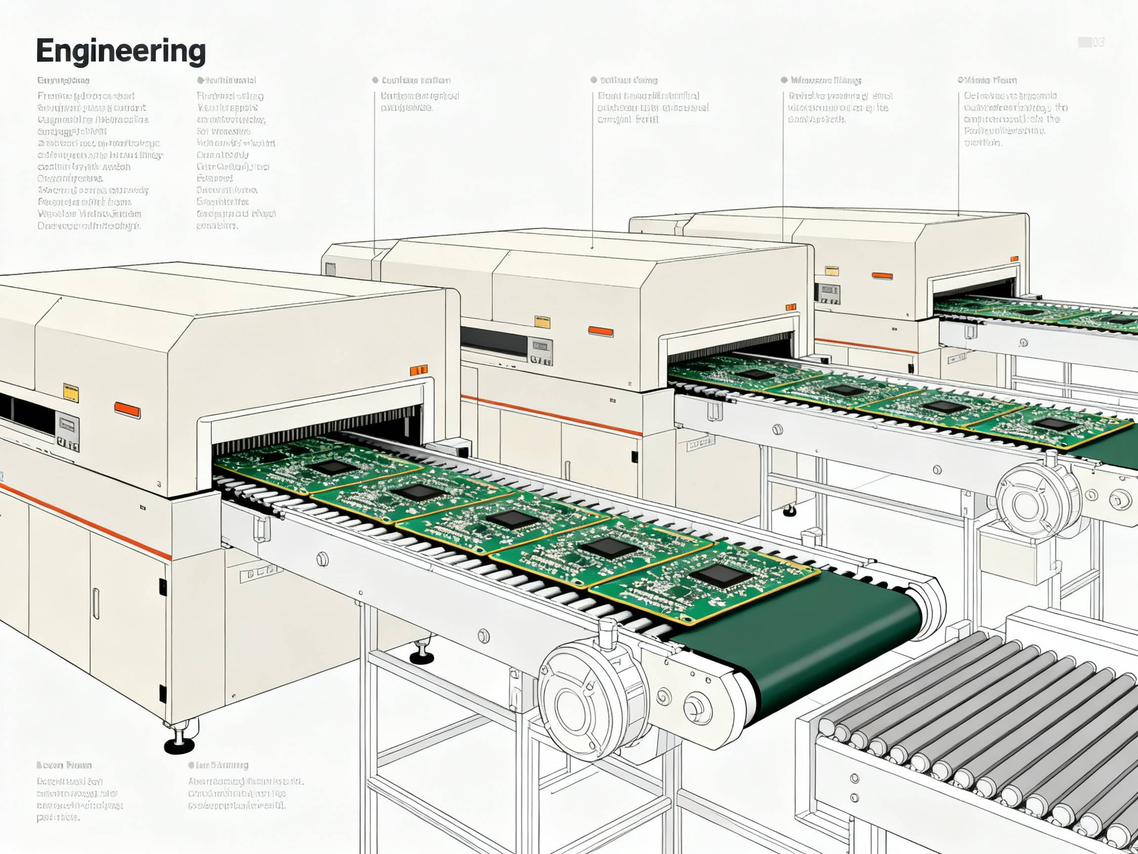 Reflow oven conveyor setup.