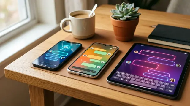 Three devices displaying AI chatbot interfaces on minimalist desk with warm lighting