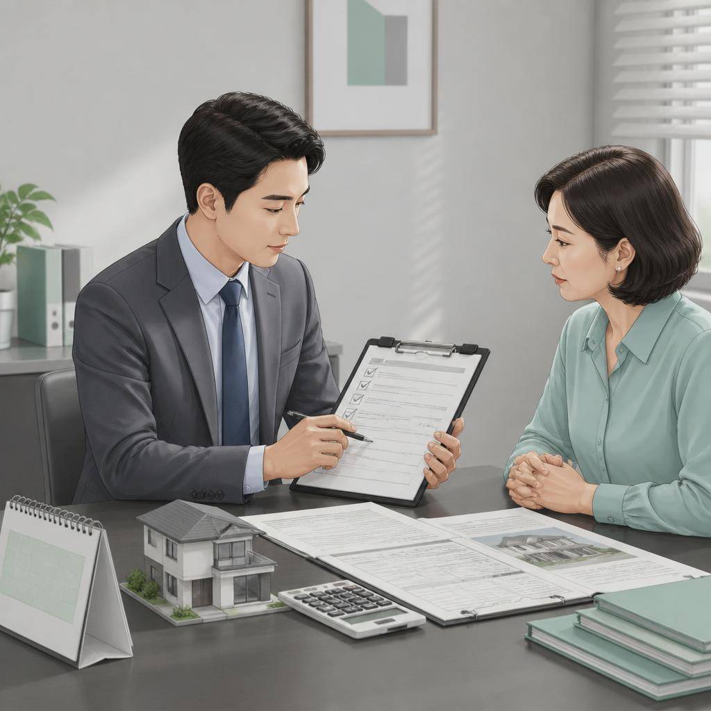 부동산 세무 상담 장면을 담은 현실적인 일러스트, 책상 위에 주택 교환 계약서와 등기부등본