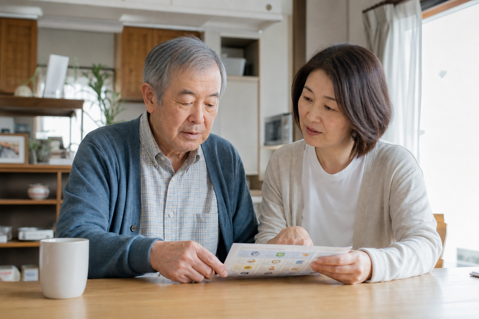 パーキンソン病の本人と家族が自宅で日々の予定を確認する場面