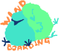 A pair of fluffy blue and green birds sleeping against each other. Wind Boarding is written in orange