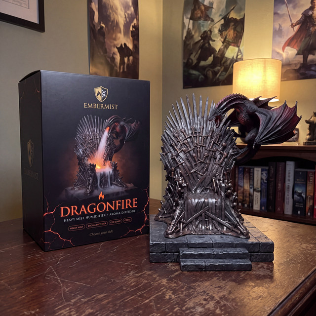 Dragon throne mist display shown beside its themed product packaging