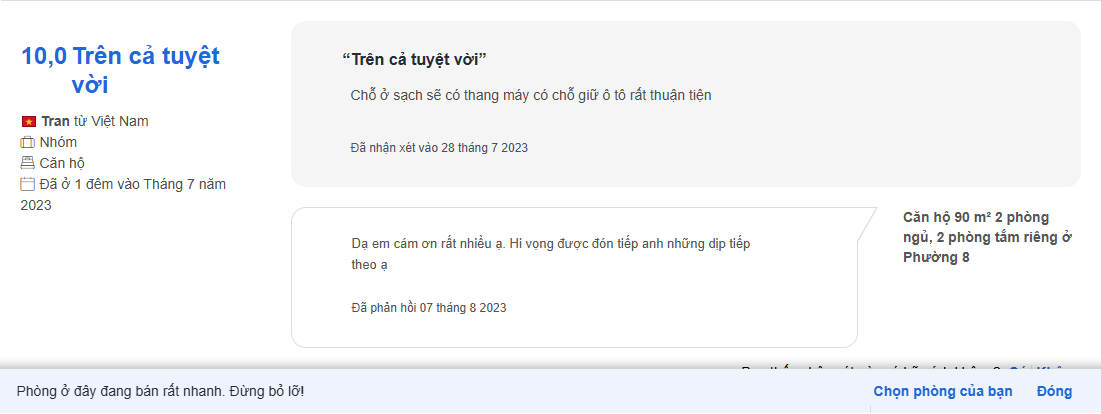 Review 10/10 của khách Tran trên Agoda Review Agoda của khách Tran
