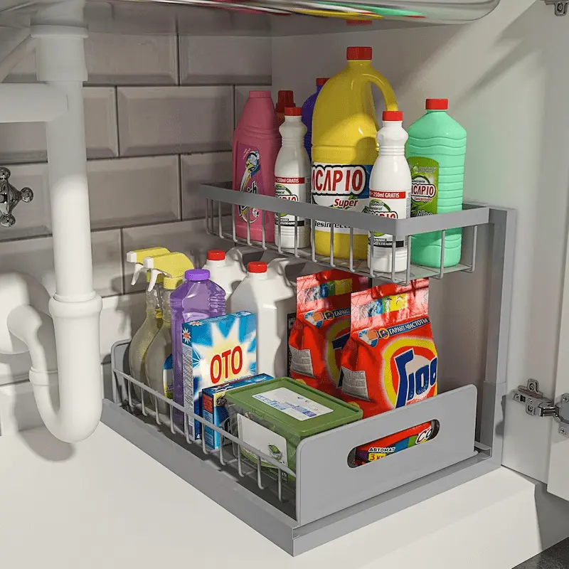 Under Sink Pull-Out Organizer – Space-Saving Kitchen & Bathroom Storage Shelves, Modern Grey Cabinet Solution