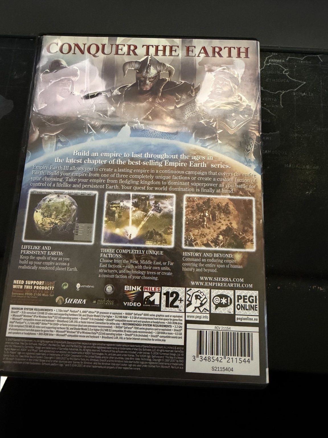 Empire Earth III back cover describing factions and world campaign