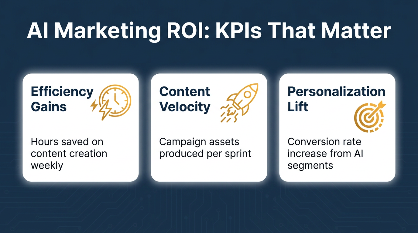 Three AI marketing KPI callout cards on a dark navy background: Efficiency Gains, Content Velocity, and Personalization Lift — ROI metrics framework by The Zulu Method