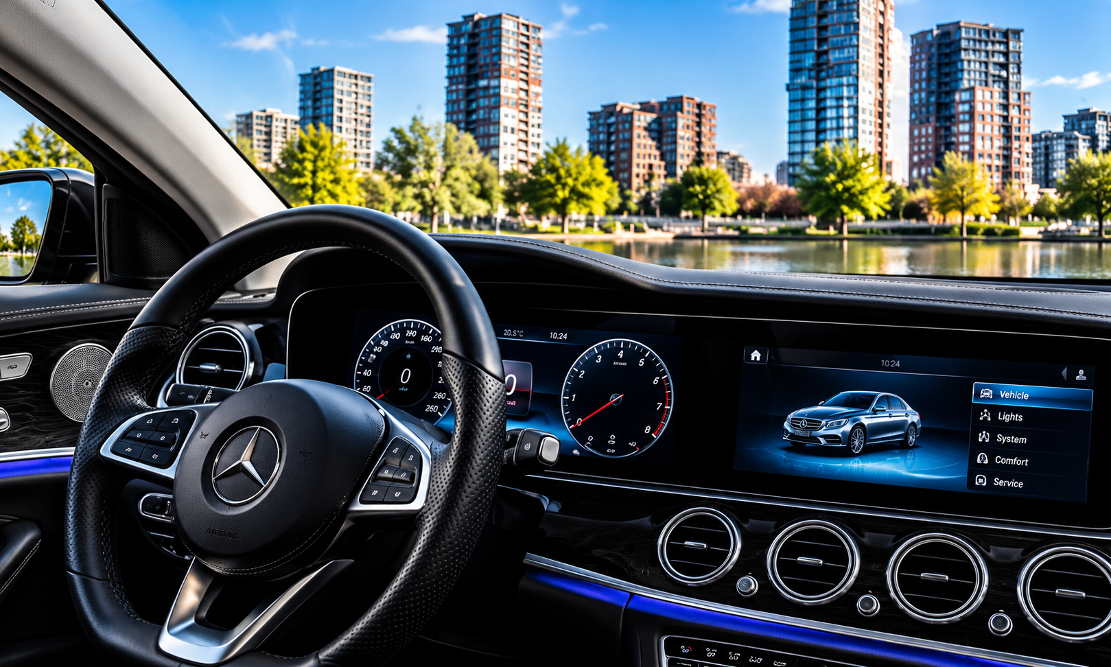 Comfortabel interieur van een Mercedes taxi