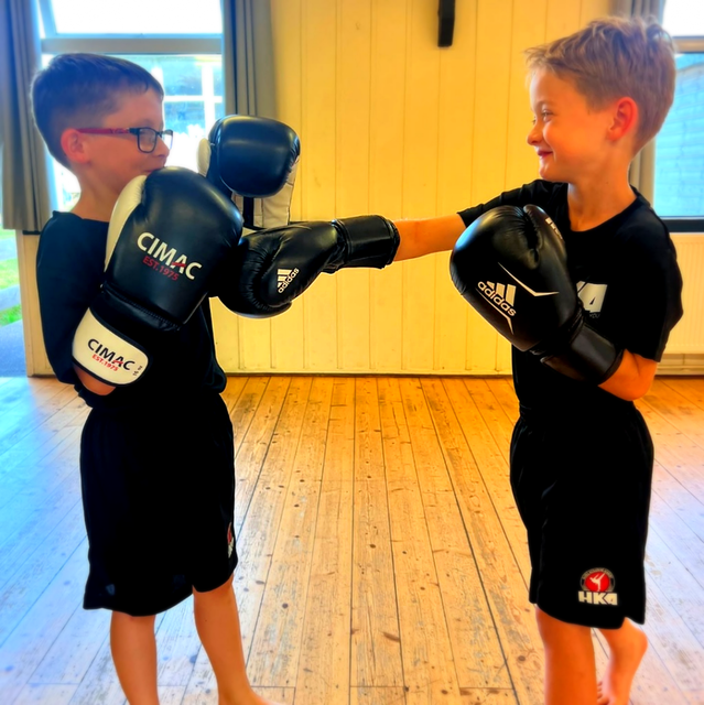 Pad work at a Harris Kickboxing Academy Little Ninjas class