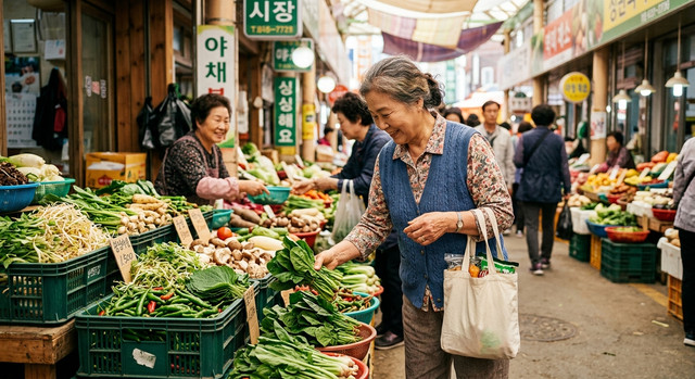 한국 전통 시장에서 신선한 식재료를 고르는 한국인의 모습
