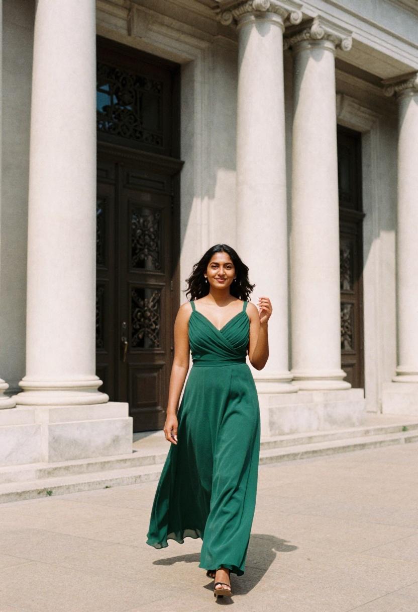 Forest green chiffon wrap bridesmaid dress flowing against white marble neoclassical columns