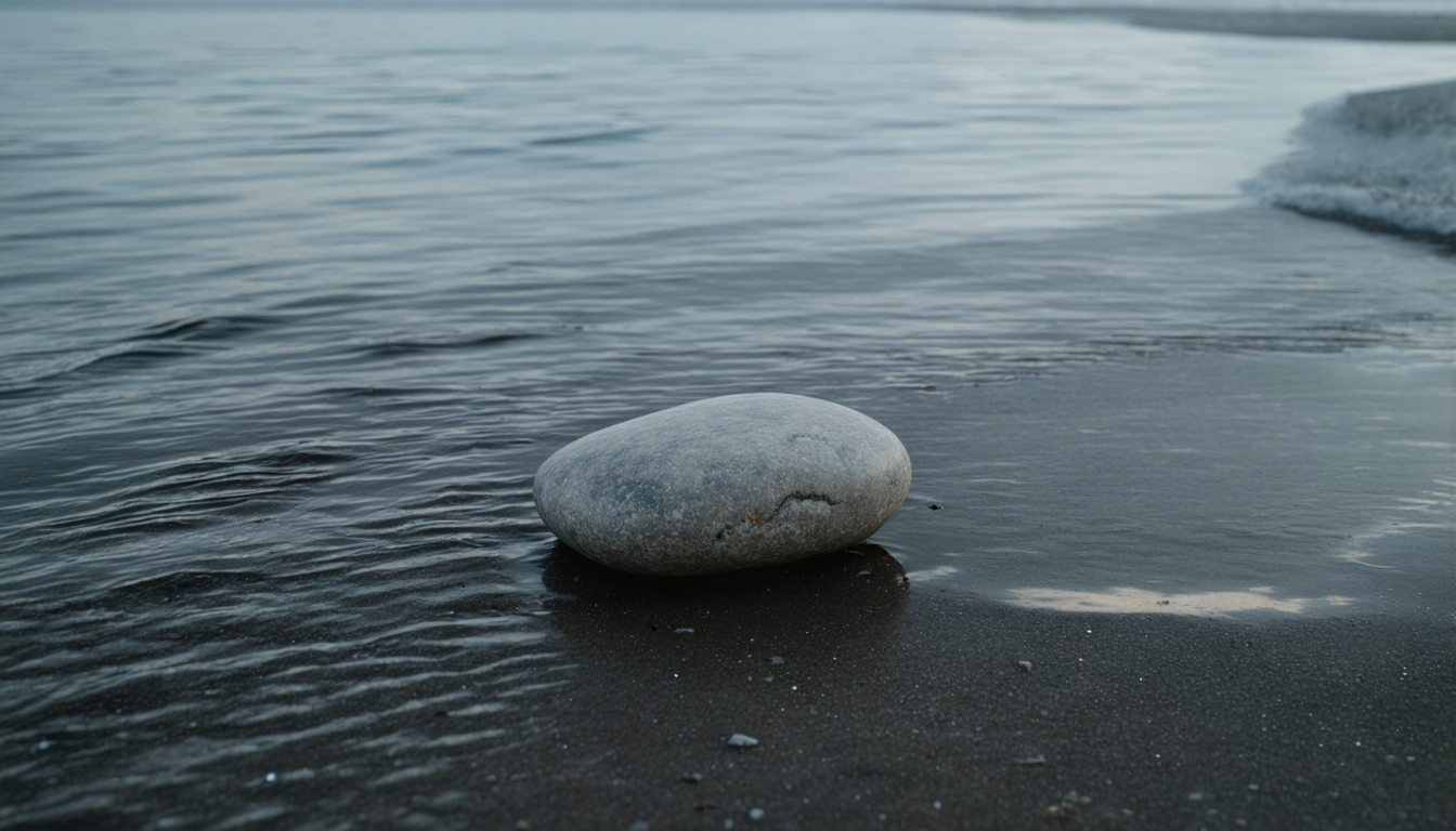 A single smooth stone resting on wet sand at the edge of a calm body of water, light reflecting off the surface.