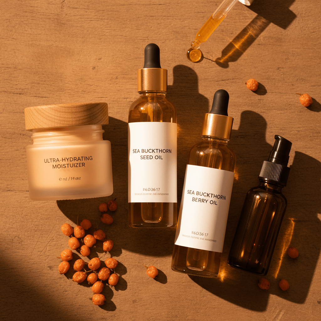 Dark glass sea buckthorn seed oil and berry oil bottles with moisturizer