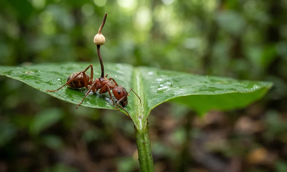Formiga Camponotus infectada por Ophiocordyceps com estroma fúngico emergindo do crânio
