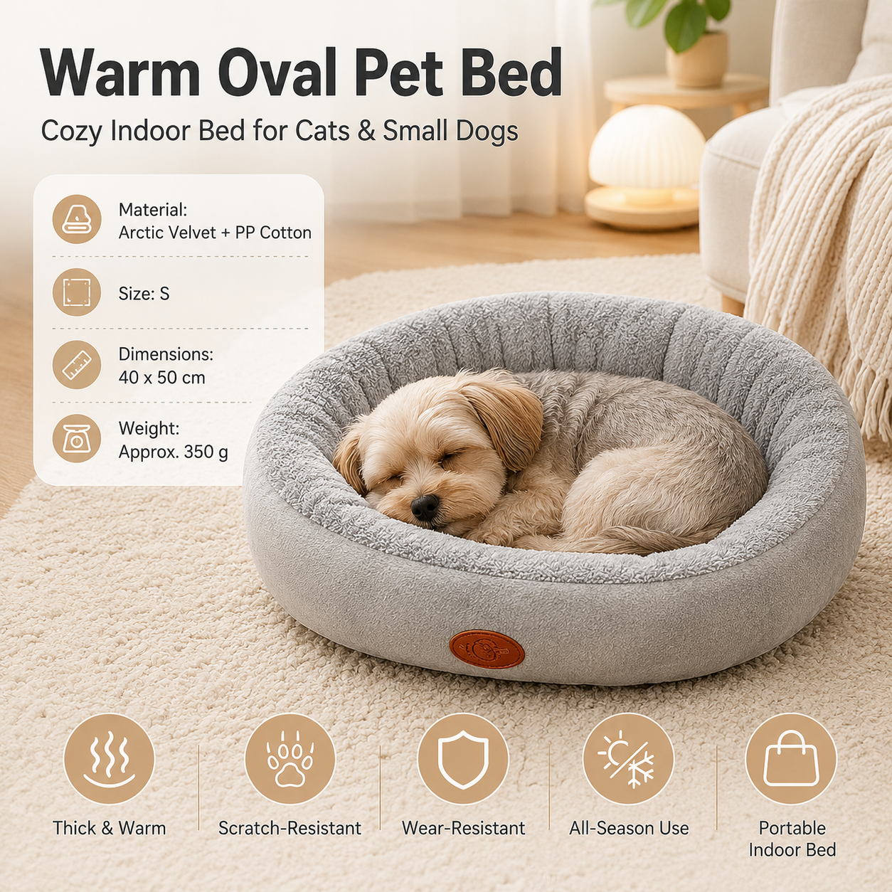 S Size 40x50cm Grey Oval Pet Bed - Arctic Fleece and PP Cotton - Thickened Warmth, Non-Slip Base, Removable Cover, Compact for Cats and Small Dogs